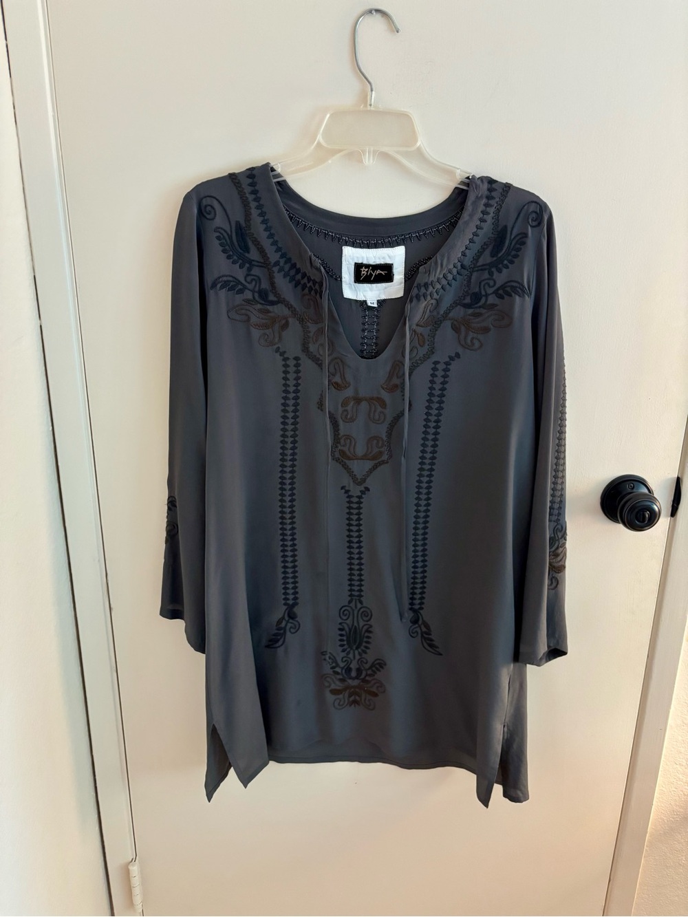 Johnny Was Charcoal Gray Embroidered V-Neck Tunic